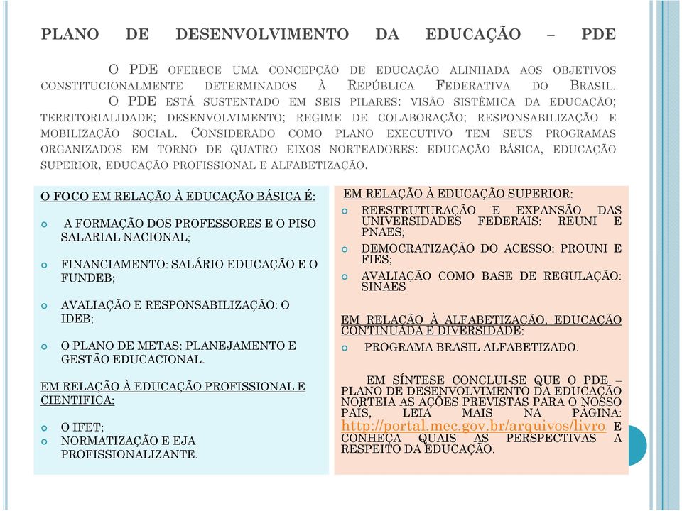 CONSIDERADO COMO PLANO EXECUTIVO TEM SEUS PROGRAMAS ORGANIZADOS EM TORNO DE QUATRO EIXOS NORTEADORES: EDUCAÇÃO BÁSICA, EDUCAÇÃO SUPERIOR, EDUCAÇÃO PROFISSIONAL E ALFABETIZAÇÃO.