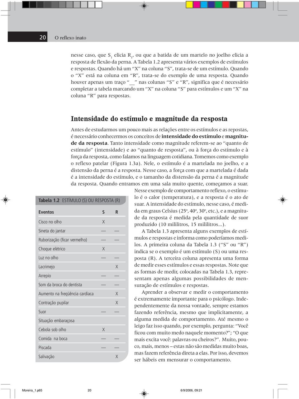 Quando houver apenas um traço nas colunas S e R, significa que é necessário completar a tabela marcando um X na coluna S para estímulos e um X na coluna R para respostas.