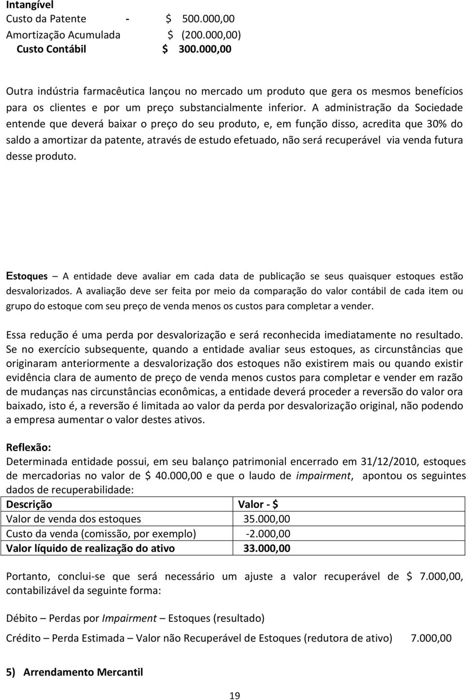 A administração da Sociedade entende que deverá baixar o preço do seu produto, e, em função disso, acredita que 30% do saldo a amortizar da patente, através de estudo efetuado, não será recuperável