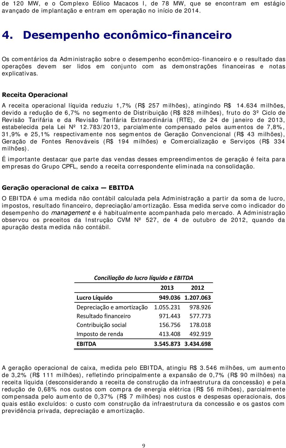 notas explicativas. Receita Operacional A receita operacional líquida reduziu 1,7% (R$ 257 milhões), atingindo R$ 14.