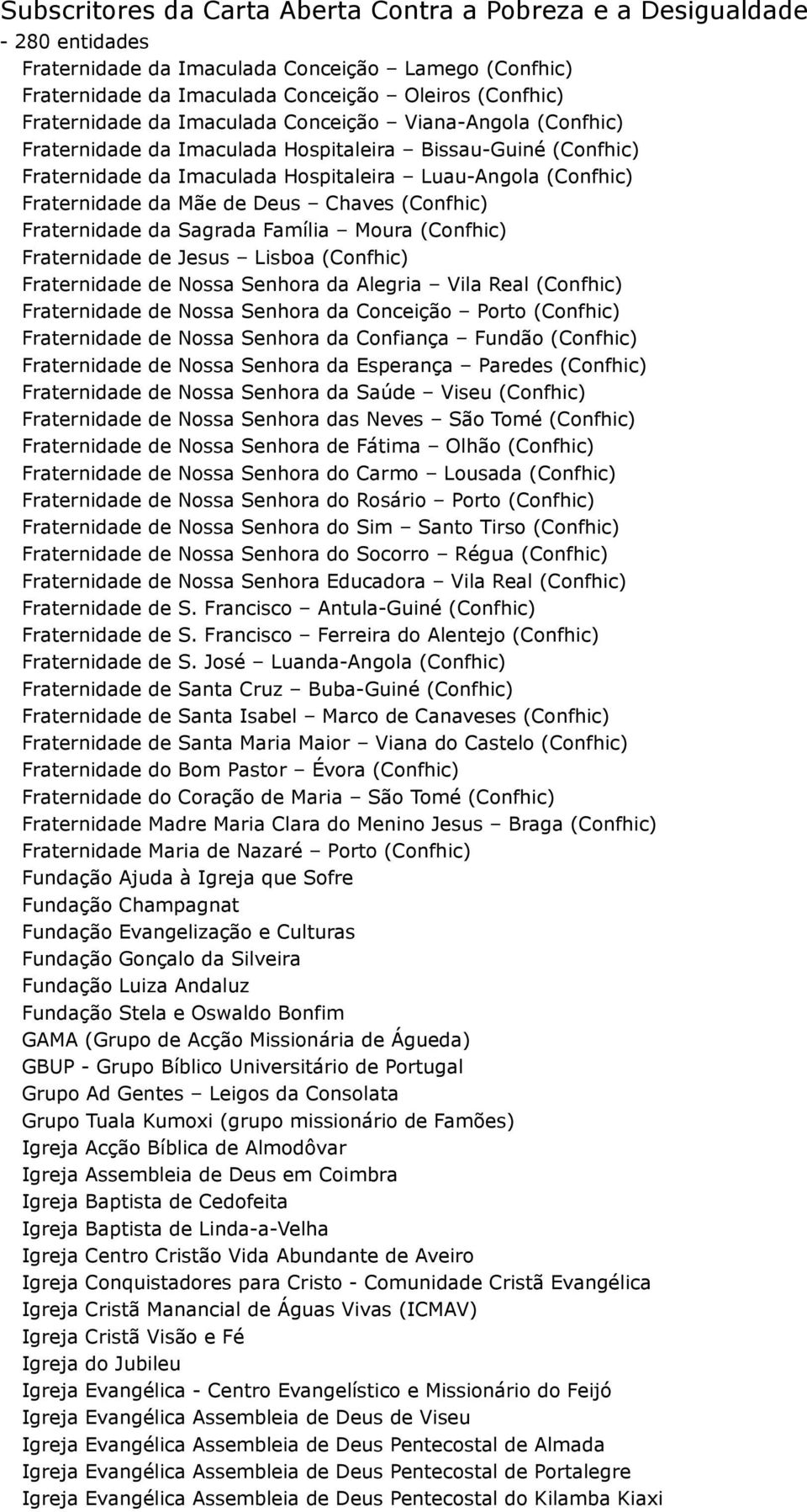 Fraternidade de Jesus Lisboa (Confhic) Fraternidade de Nossa Senhora da Alegria Vila Real (Confhic) Fraternidade de Nossa Senhora da Conceição Porto (Confhic) Fraternidade de Nossa Senhora da