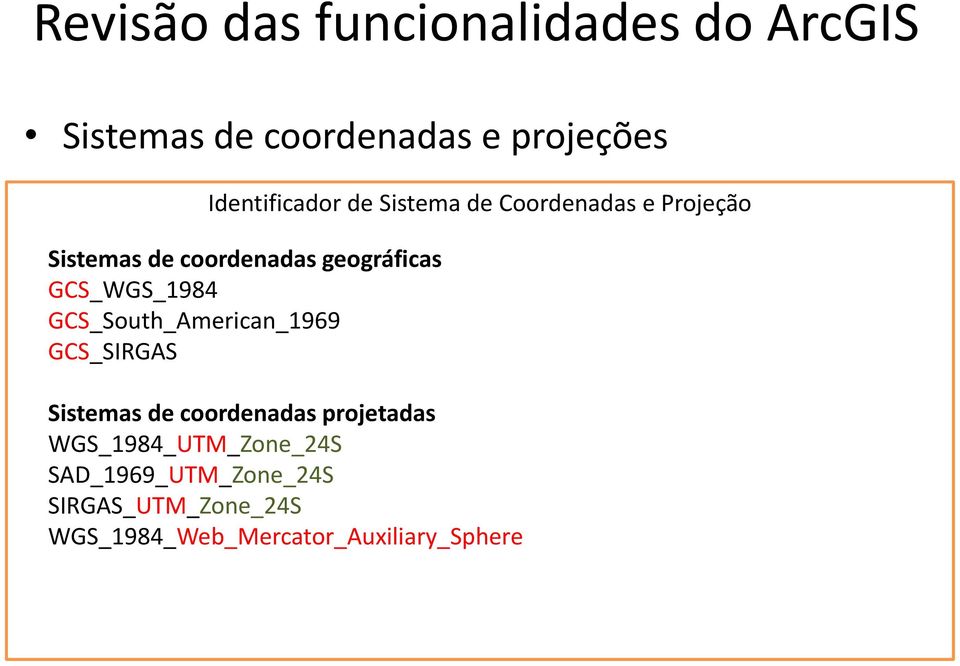 GCS_SIRGAS Sistemas de coordenadas projetadas WGS_1984_UTM_Zone_24S