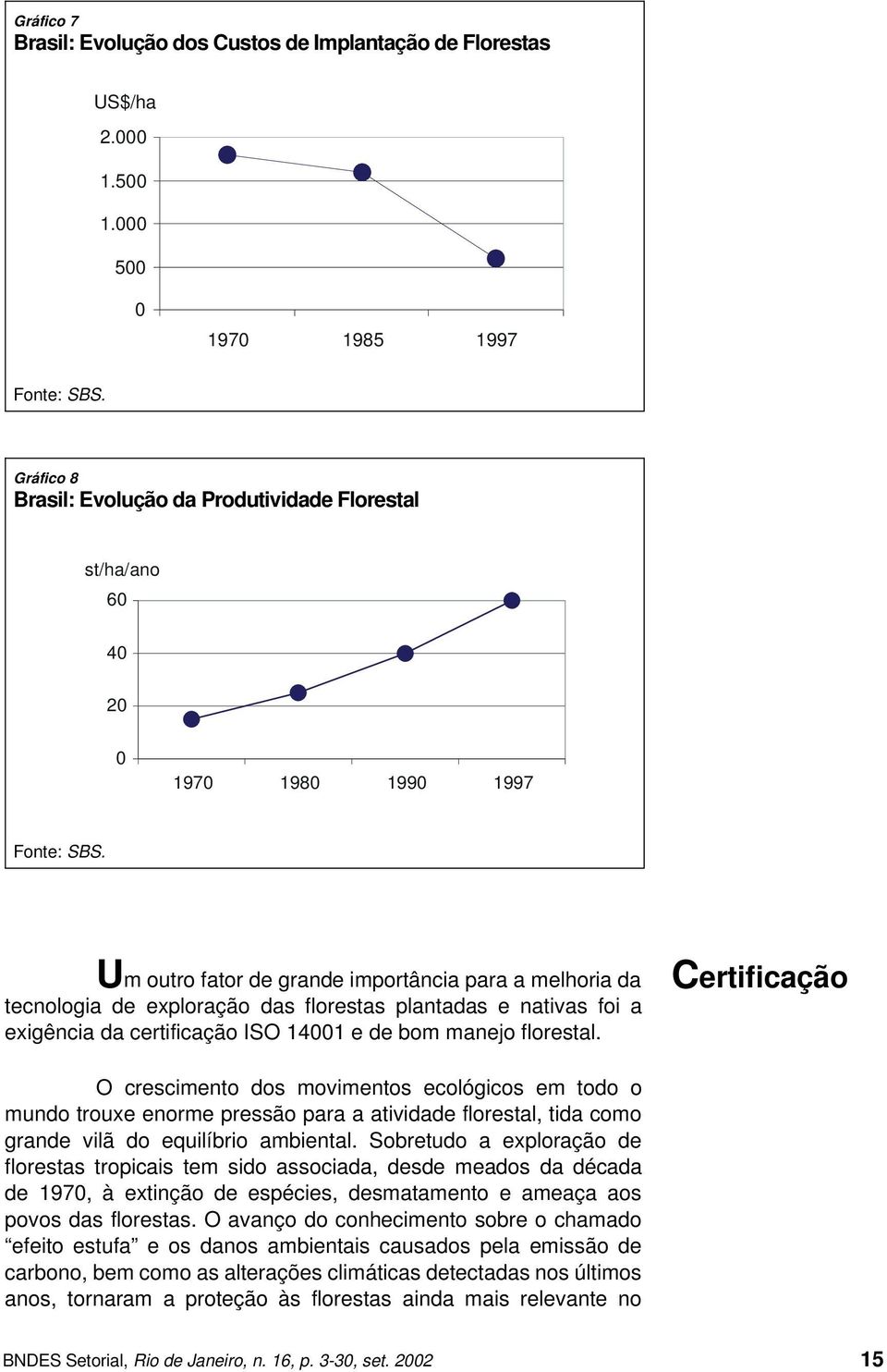 Um outro fator de grande importância para a melhoria da tecnologia de exploração das florestas plantadas e nativas foi a exigência da certificação ISO 14001 e de bom manejo florestal.