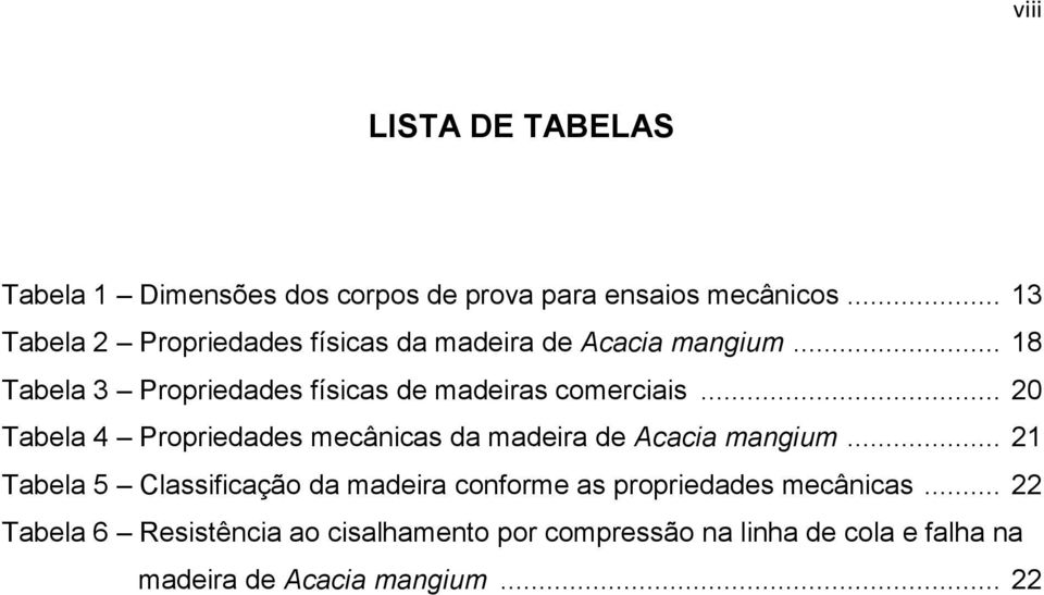 .. 18 Tabela 3 Propriedades físicas de madeiras comerciais.