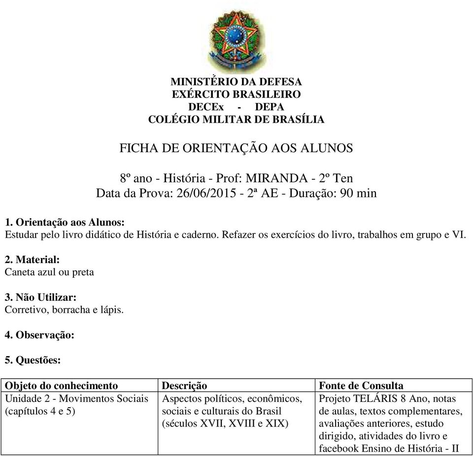 Unidade 2 - Movimentos Sociais (capítulos 4 e 5) Aspectos políticos, econômicos, sociais e culturais do Brasil (séculos XVII, XVIII e