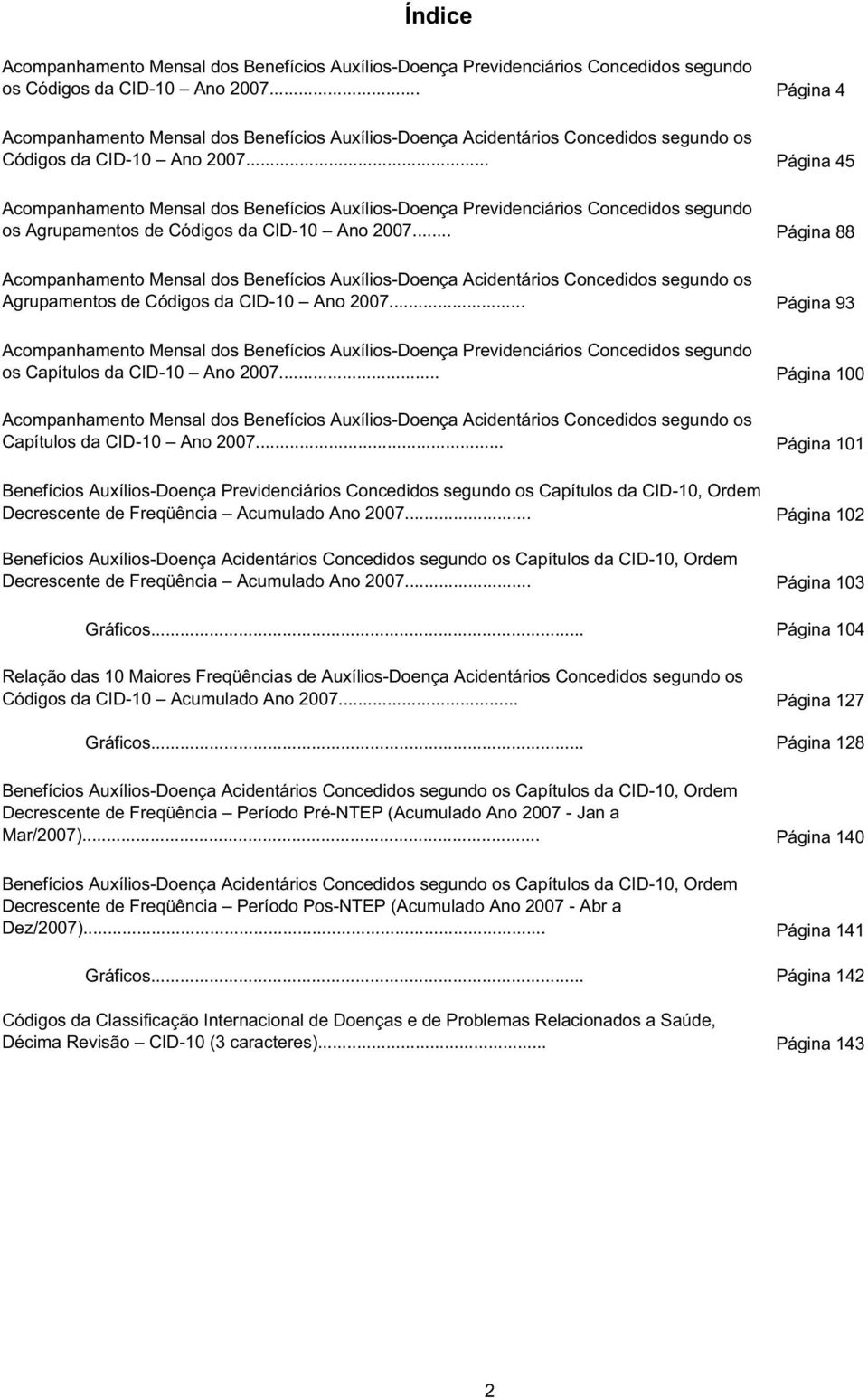 .. Acompanhamento Mensal dos Benefícios Auxílios-Doença Previdenciários Concedidos segundo os Agrupamentos de Códigos da CID-10 Ano 2007.