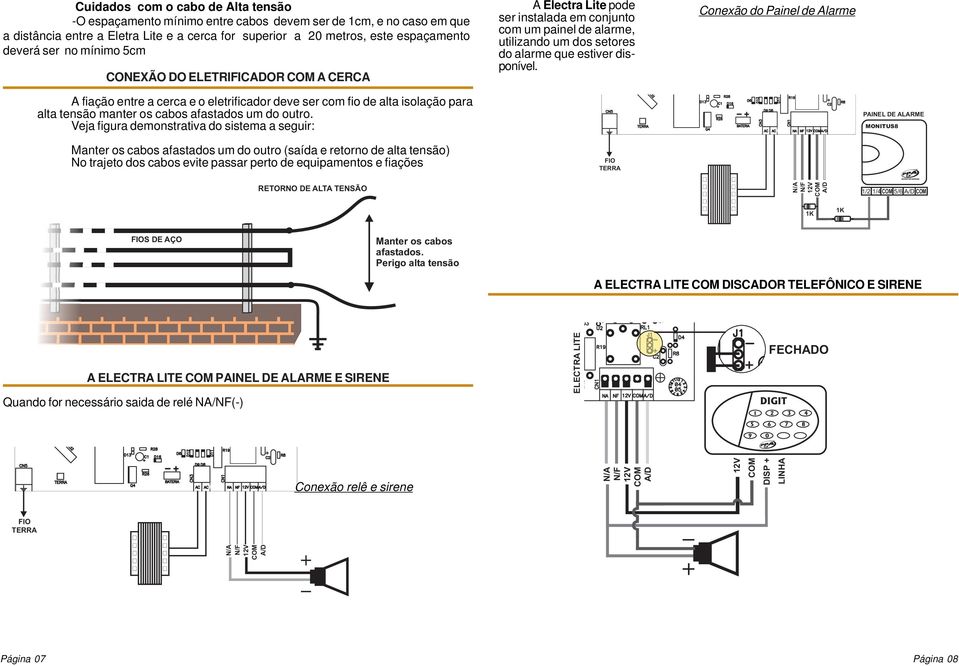 Conexão do Painel de Alarme A fiação entre a cerca e o eletrificador deve ser com fio de alta isolação para alta tensão manter os cabos afastados um do outro.
