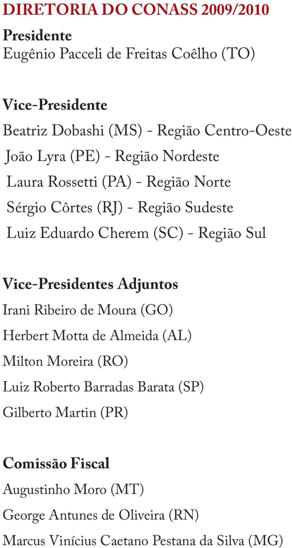 Sul Vice-Presidentes Adjuntos Irani Ribeiro de Moura (GO) Herbert Motta de Almeida (AL) Milton Moreira (RO) Luiz Roberto Barradas Barata