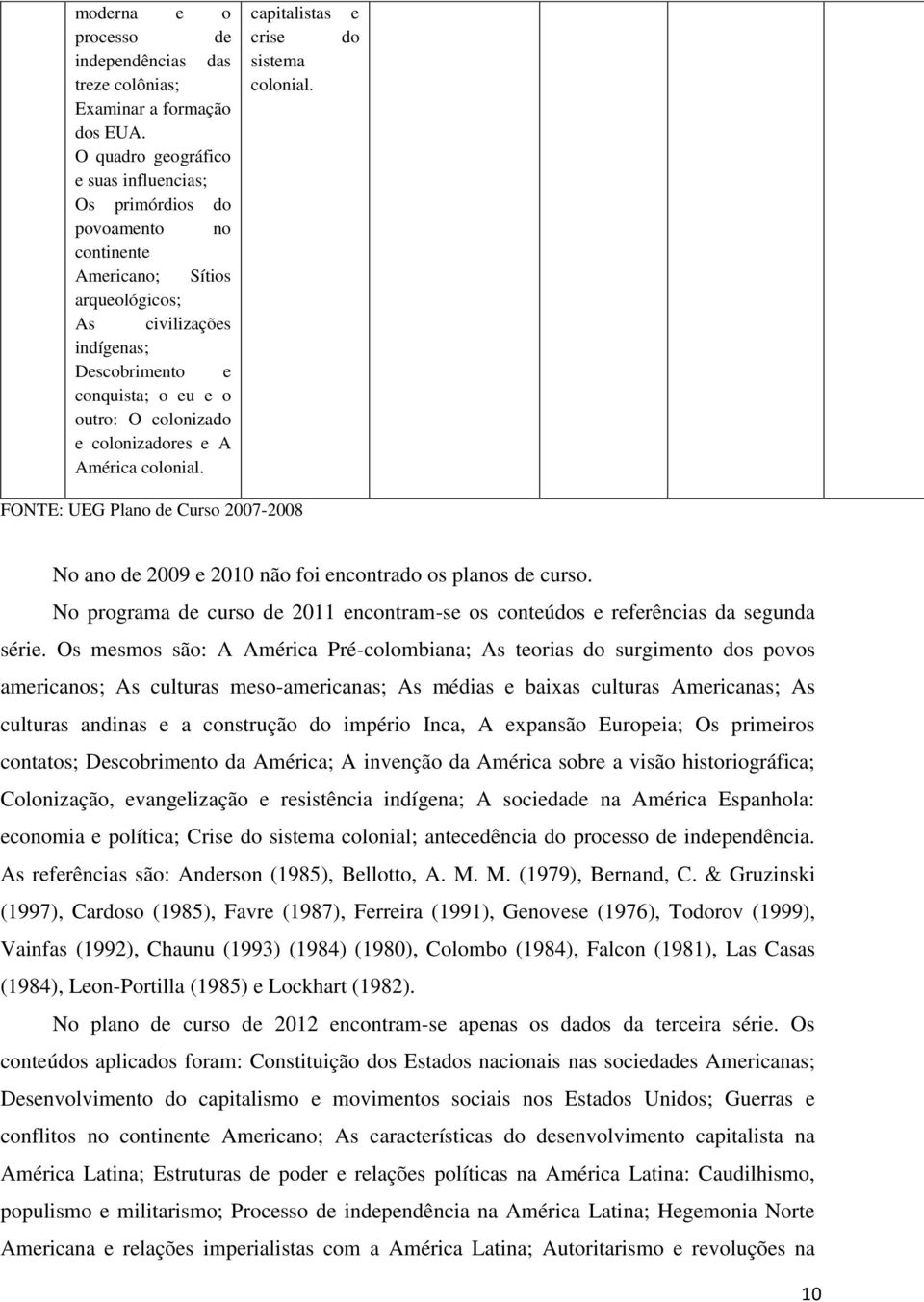 colonizadores e A América colonial. capitalistas crise sistema colonial. e do FONTE: UEG Plano de Curso 2007-2008 No ano de 2009 e 2010 não foi encontrado os planos de curso.