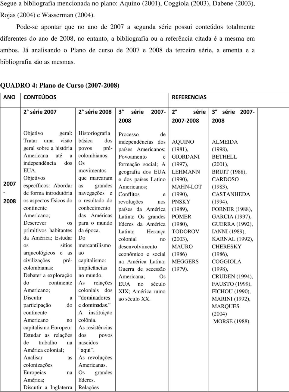 Já analisando o Plano de curso de 2007 e 2008 da terceira série, a ementa e a bibliografia são as mesmas.