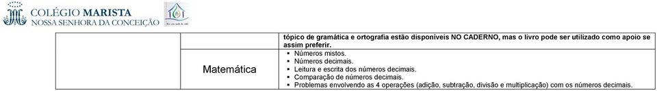 Leitura e escrita dos números decimais. Comparação de números decimais.