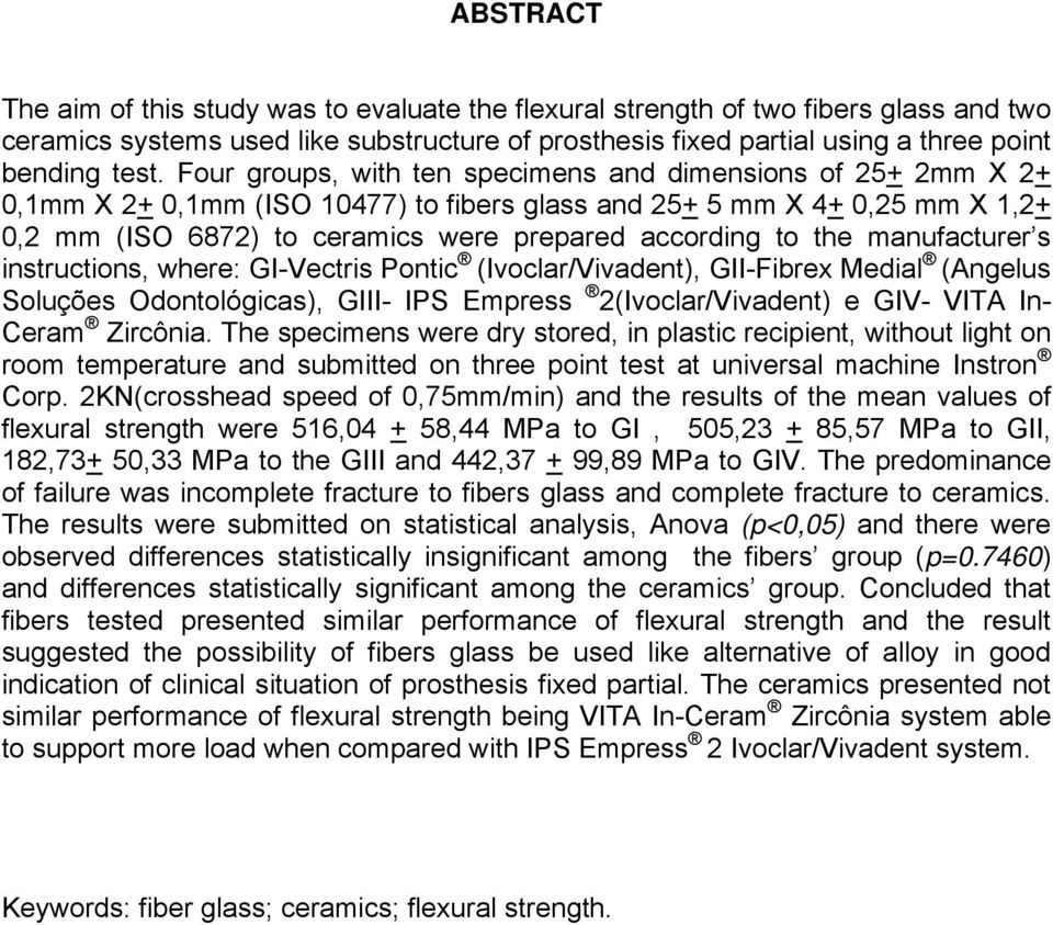 the manufacturer s instructions, where: GI-Vectris Pontic (Ivoclar/Vivadent), GII-Fibrex Medial (Angelus Soluções Odontológicas), GIII- IPS Empress 2(Ivoclar/Vivadent) e GIV- VITA In- Ceram Zircônia.