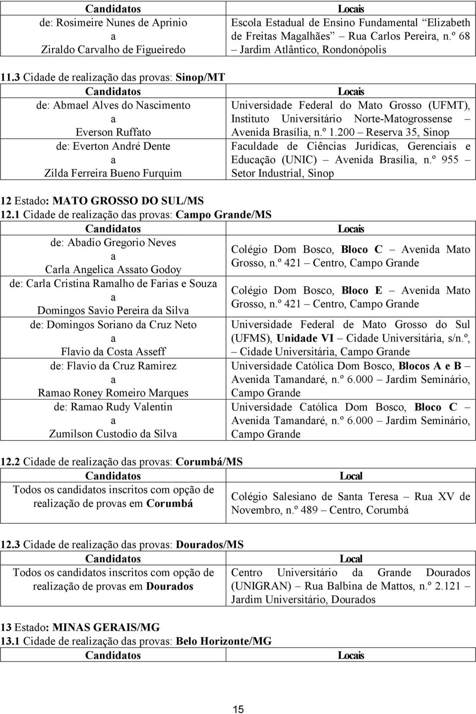 Freits Mglhães Ru Crlos Pereir, n.º 68 Jrdim Atlântico, Rondonópolis Locis Universidde Federl do Mto Grosso (UFMT), Instituto Universitário Norte-Mtogrossense Avenid Brsíli, n.º 1.