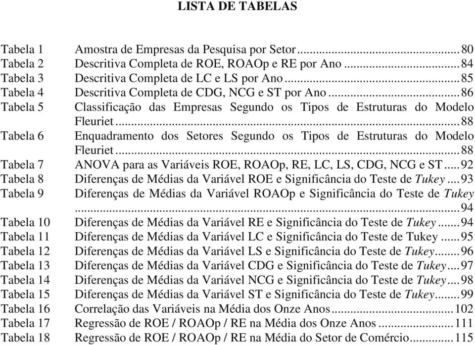.. 88 Tabela 6 Enquadramento dos Setores Segundo os Tipos de Estruturas do Modelo Fleuriet... 88 Tabela 7 ANOVA para as Variáveis ROE, ROAOp, RE, LC, LS, CDG, NCG e ST.