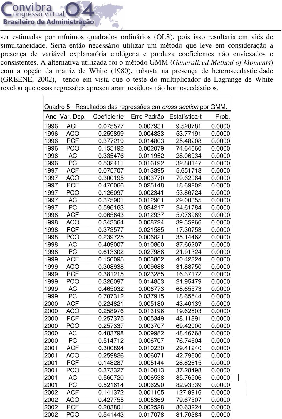 A alternativa utilizada foi o método GMM (Generalized Method of Moments) com a opção da matriz de White (1980), robusta na presença de heteroscedasticidade (GREENE, 2002), tendo em vista que o teste