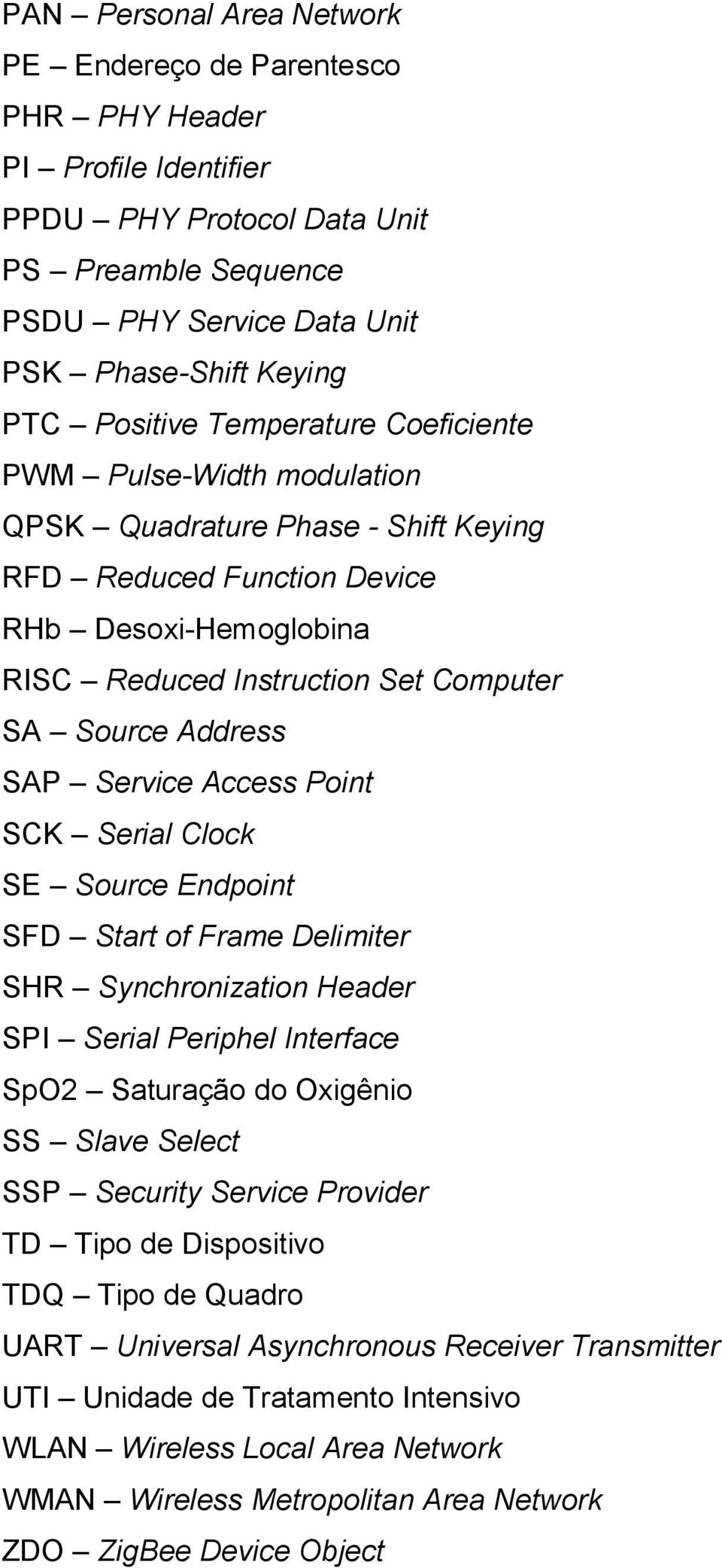 Address SAP Service Access Point SCK Serial Clock SE Source Endpoint SFD Start of Frame Delimiter SHR Synchronization Header SPI Serial Periphel Interface SpO2 Saturação do Oxigênio SS Slave Select