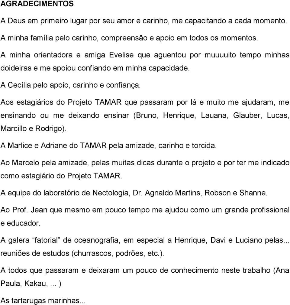 Aos estagiários do Projeto TAMAR que passaram por lá e muito me ajudaram, me ensinando ou me deixando ensinar (Bruno, Henrique, Lauana, Glauber, Lucas, Marcillo e Rodrigo).