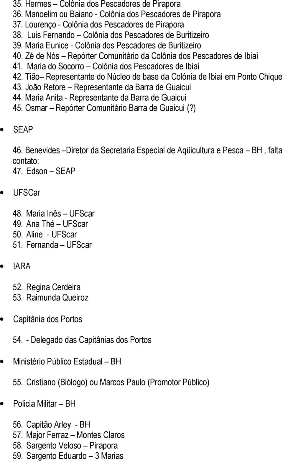 Maria do Socorro Colônia dos Pescadores de Ibiaí 42. Tião Representante do Núcleo de base da Colônia de Ibiaí em Ponto Chique 43. João Retore Representante da Barra de Guaicui 44.