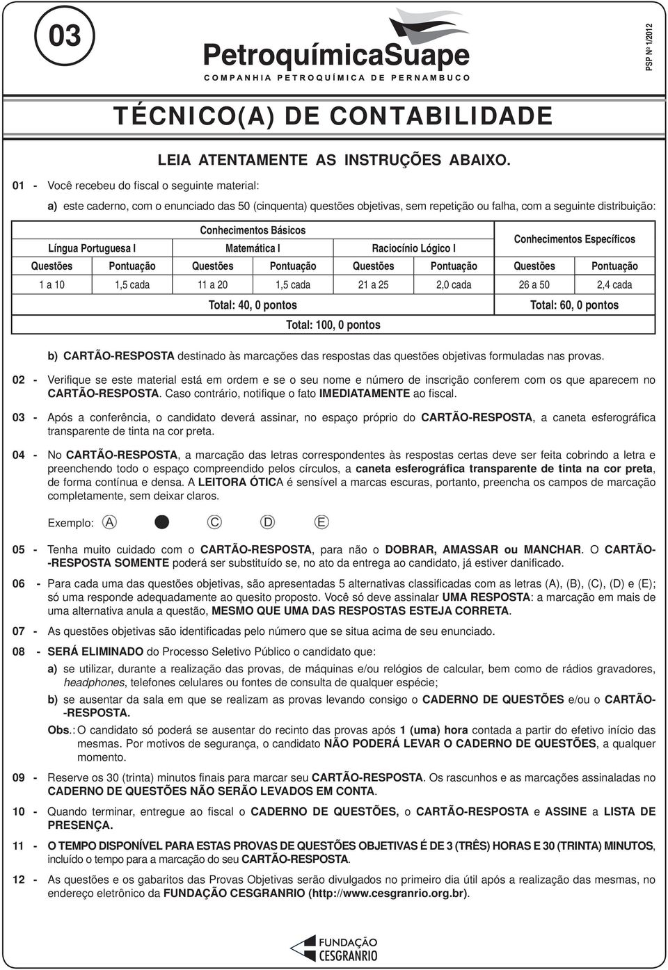 Conhecimentos Específicos Questões Pontuação Questões Pontuação Questões Pontuação Questões Pontuação 1 a 10 1,5 cada 11 a 20 1,5 cada 21 a 25 2,0 cada 26 a 50 2,4 cada Total: 40, 0 pontos Total: 60,