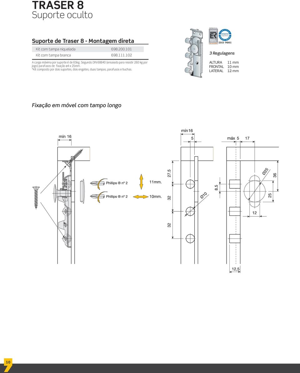 Segundo DIN 68840 (ensaiado para resistir 260 kg por jogo) parafusos de fixação ø4 x 25mm.