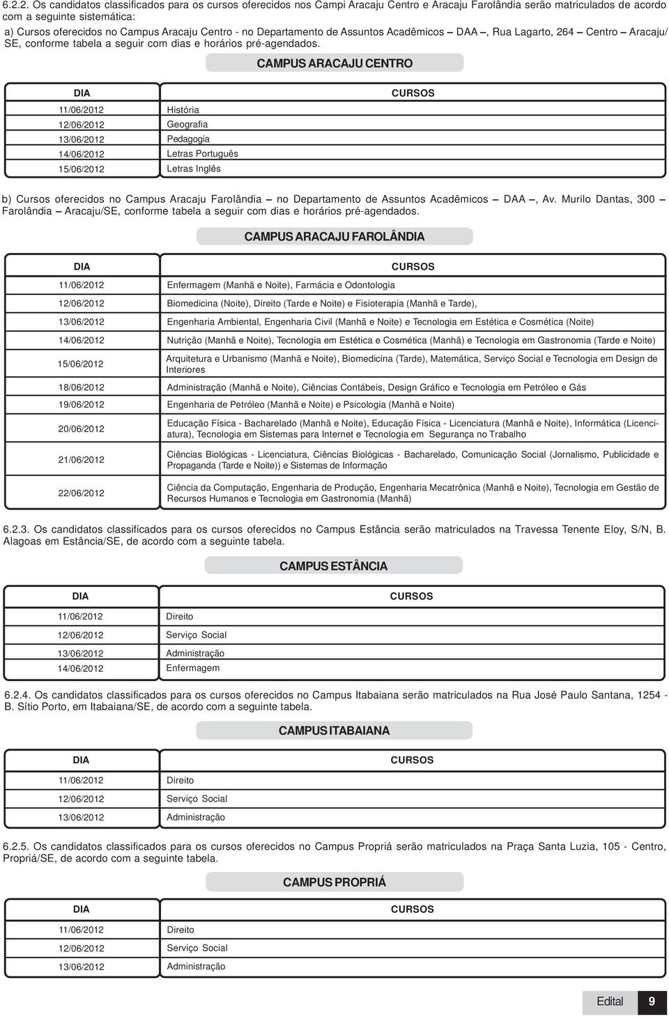 CAMPUS ARACAJU CENTRO DIA 11/06/2012 História 12/06/2012 Geografia 13/06/2012 Pedagogia 14/06/2012 Letras Português 15/06/2012 Letras Inglês CURSOS b) Cursos oferecidos no Campus Aracaju Farolândia