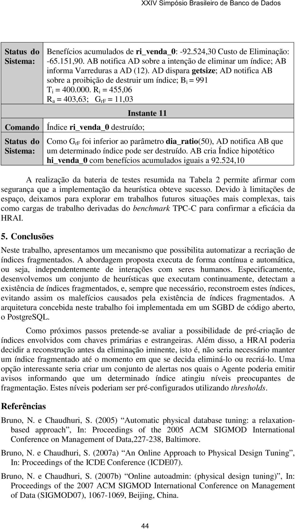 R i = 455,06 R a = 403,63; G rf = 11,03 Índice ri_venda_0 destruído; Instante 11 Como G rf foi inferior ao parâmetro dia_ratio(50), AD notifica AB que um determinado índice pode ser destruído.