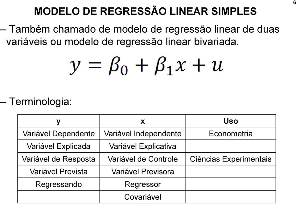 6 Terminologia: y x Uso Variável Dependente Variável Independente Econometria Variável Explicada