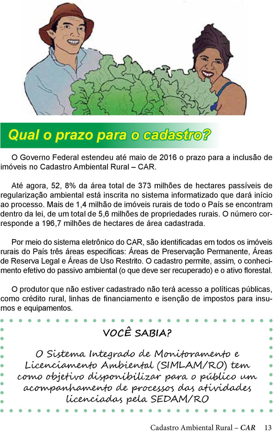 Mais de 1,4 milhão de imóveis rurais de todo o País se encontram dentro da lei, de um total de 5,6 milhões de propriedades rurais. O número corresponde a 196,7 milhões de hectares de área cadastrada.