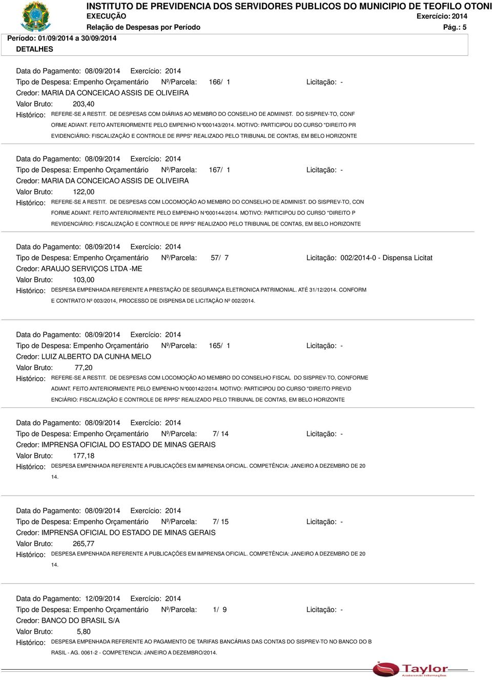 DE DESPESAS COM DIÁRIAS AO MEMBRO DO CONSELHO DE ADMINIST. DO SISPREV-TO, CONF ORME ADIANT. FEITO ANTERIORMENTE PELO EMPENHO N 000143/2014.