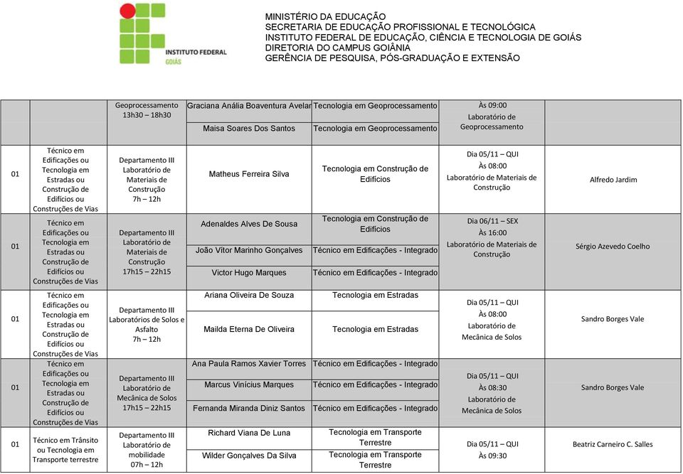 16:00 Materiais de Construção Alfredo Jardim Sérgio Azevedo Coelho Estradas ou ou Construções de Vias Estradas ou ou Construções de Vias Trânsito ou Transporte terrestre Solos e Asfalto 7h 12h