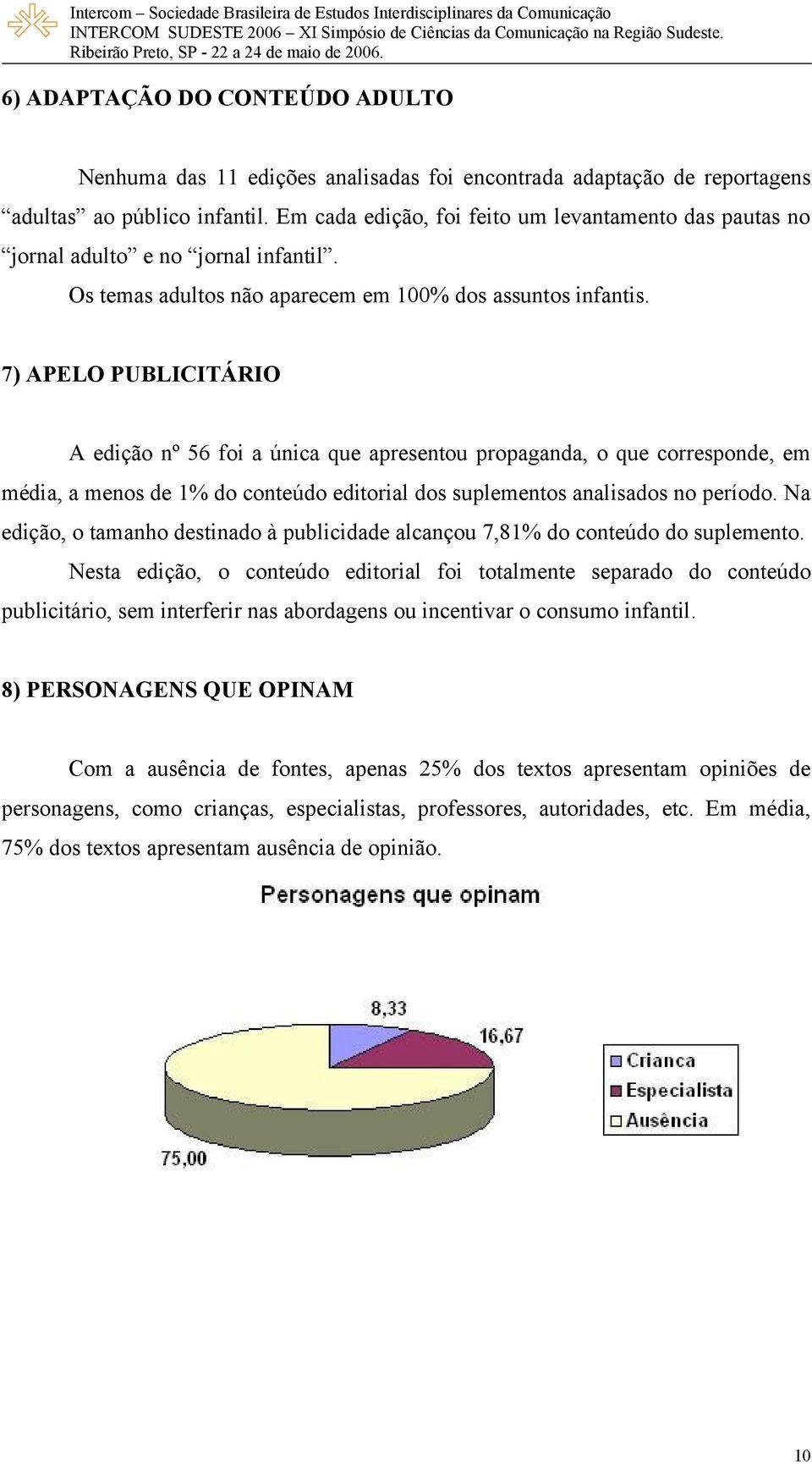 7) APELO PUBLICITÁRIO A edição nº 56 foi a única que apresentou propaganda, o que corresponde, em média, a menos de 1% do conteúdo editorial dos suplementos analisados no período.