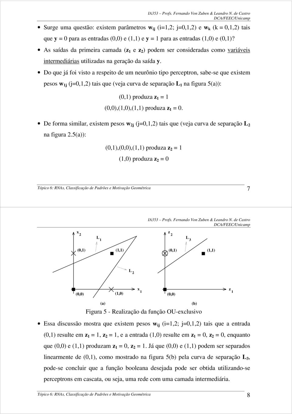 Do que já foi isto a respeito de um neurônio tipo perceptron, sabe-se que eistem pesos j (j=0,,) tais que (eja cura de separação L na figura 5(a)): (0,) produza z = (0,0),(,0),(,) produza z = 0.