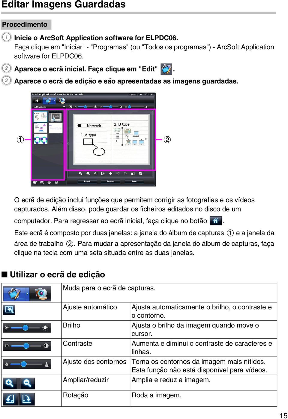 O ecrã de edição inclui funções que permitem corrigir as fotografias e os vídeos capturados. Além disso, pode guardar os ficheiros editados no disco de um computador.