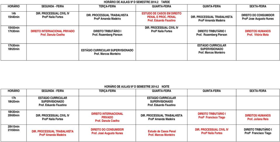 Danuta Coelho V DIREITOS HUMANOS Prof. Vitória Mota HORÁRIO DE AULAS/ 8º D SEMESTRE 2014.2 NOITE 17h V DIREITO INTERNACIONAL PRIVADO Prof.