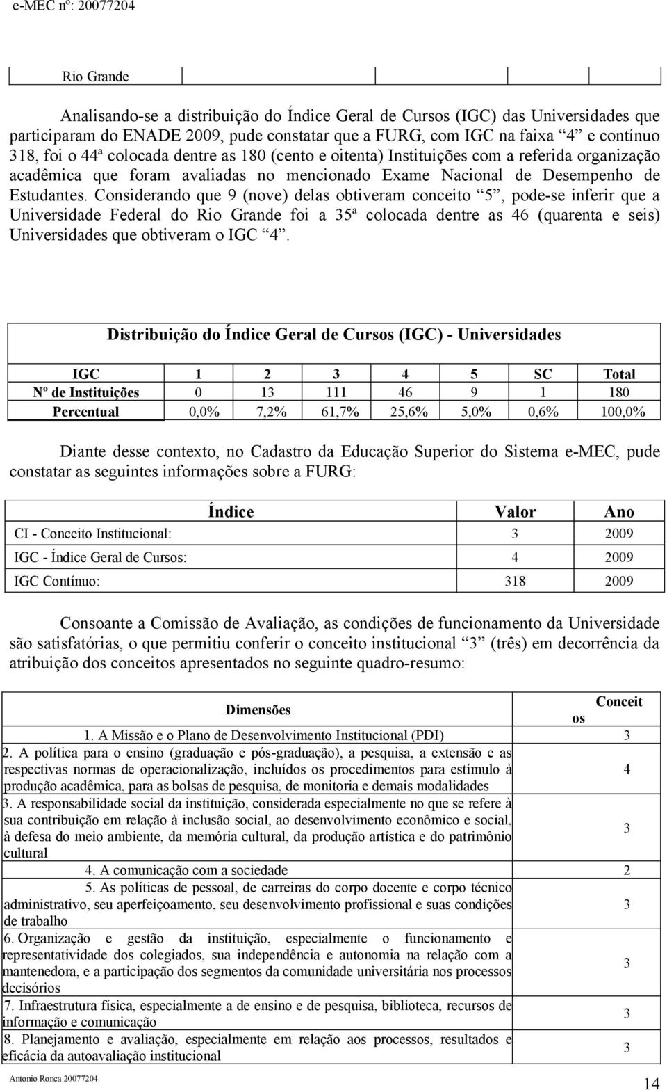Considerando que 9 (nove) delas obtiveram conceito 5, podese inferir que a Universidade Federal do Rio Grande foi a 5ª colocada dentre as 46 (quarenta e seis) Universidades que obtiveram o IGC 4.