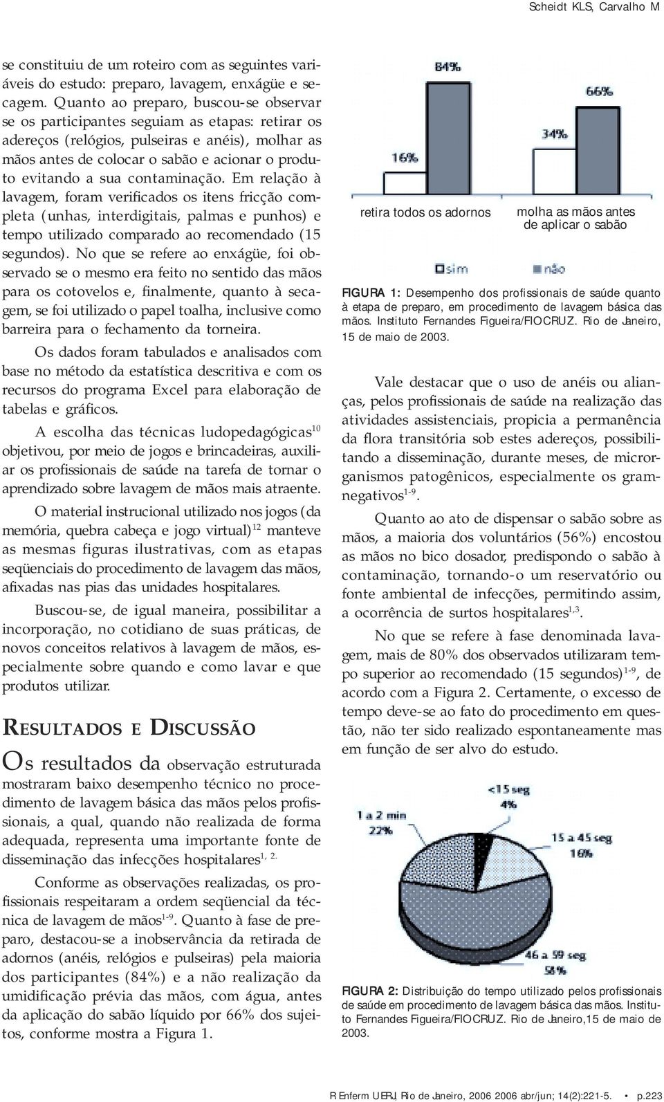 sua contaminação. Em relação à lavagem, foram verificados os itens fricção completa (unhas, interdigitais, palmas e punhos) e tempo utilizado comparado ao recomendado (15 segundos).