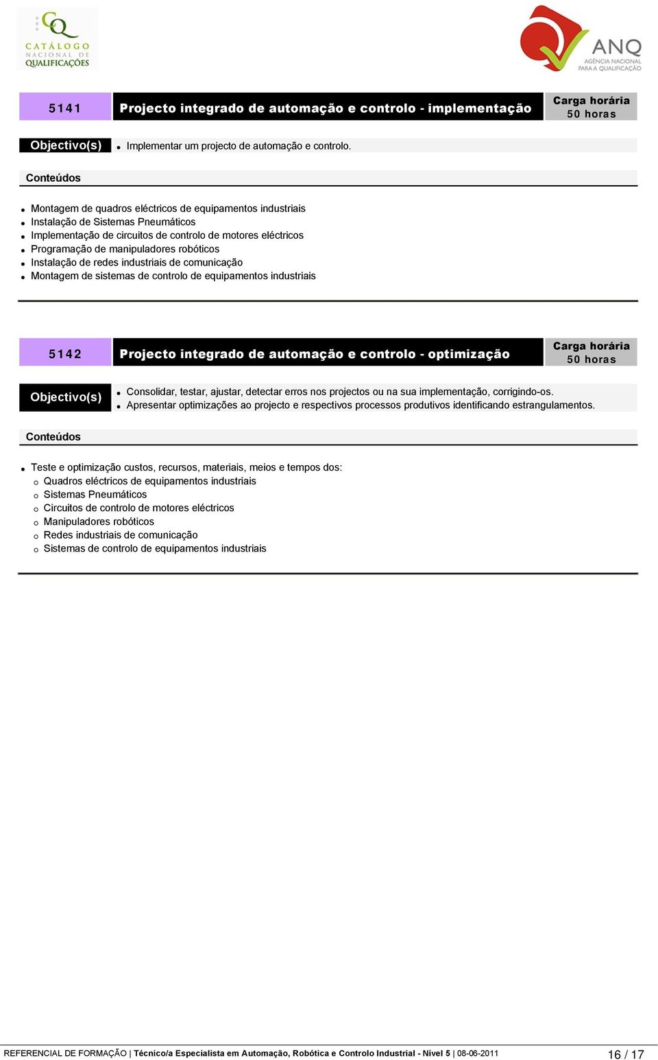 Instalação de redes industriais de comunicação Montagem de sistemas de controlo de equipamentos industriais 5142 Projecto integrado de automação e controlo - optimização Consolidar, testar, ajustar,