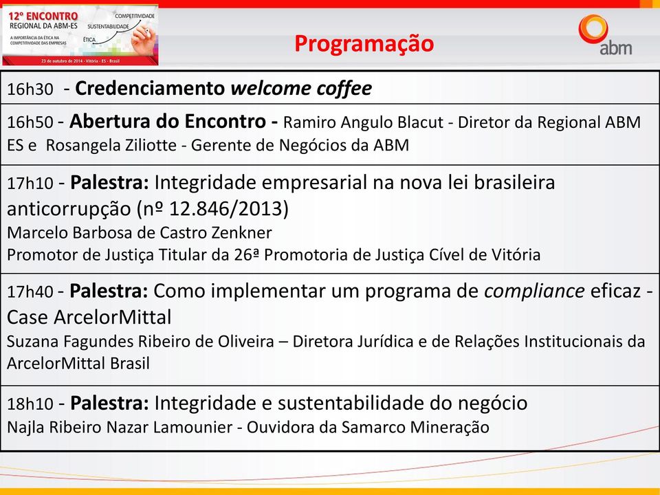 846/2013) Marcelo Barbosa de Castro Zenkner Promotor de Justiça Titular da 26ª Promotoria de Justiça Cível de Vitória 17h40 - Palestra: Como implementar um programa de