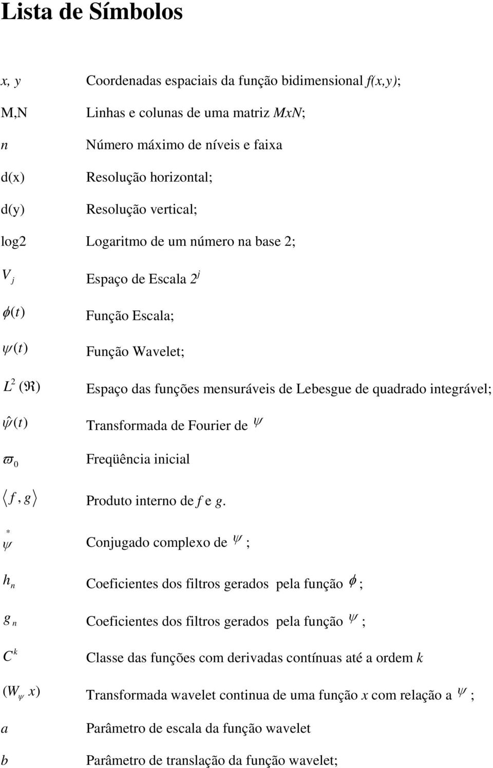 Fourier de ψ ϖ 0 Freqüênia iniial f, g Produto interno de f e g.