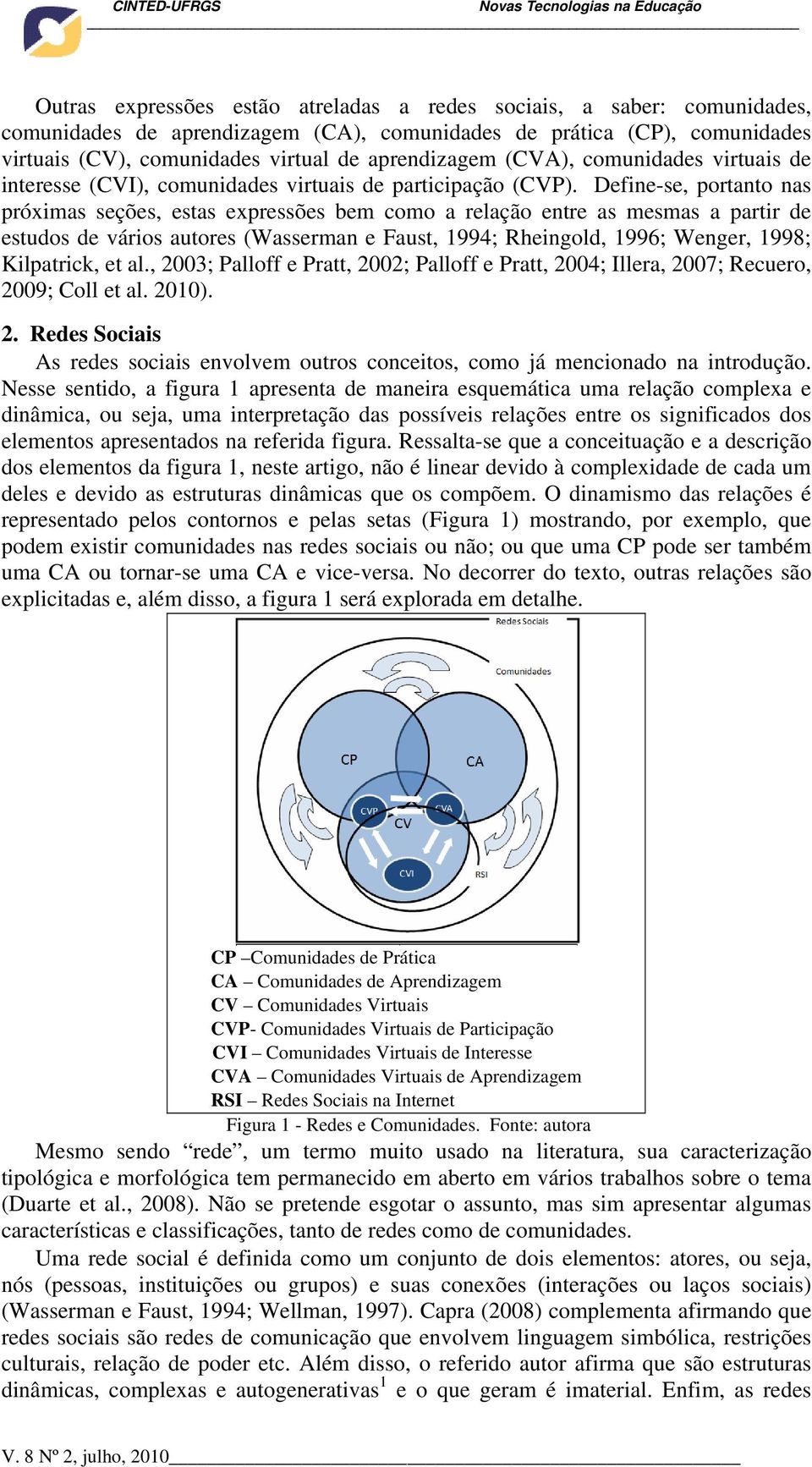 Define-se, portanto nas próximas seções, estas expressões bem como a relação entre as mesmas a partir de estudos de vários autores (Wasserman e Faust, 1994; Rheingold, 1996; Wenger, 1998; Kilpatrick,