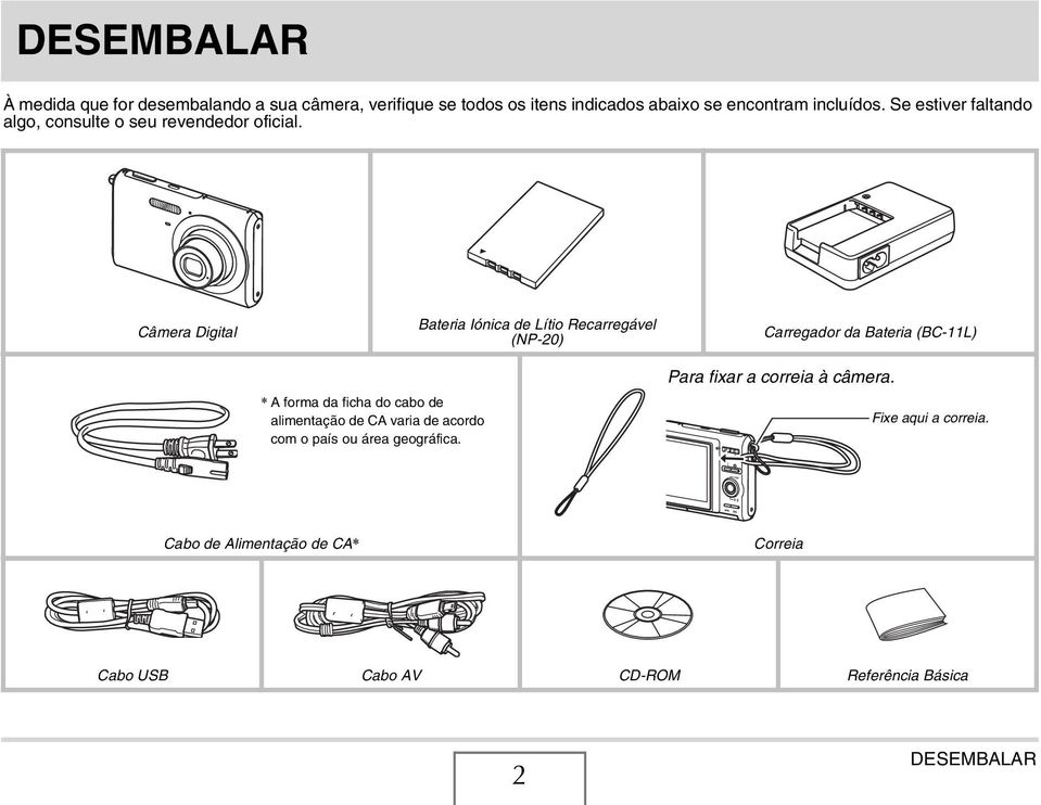 Câmera Digital Bateria Iónica de Lítio Recarregável (NP-20) Carregador da Bateria (BC-11L) * A forma da ficha do cabo de