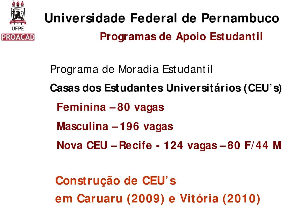 (CEU s) Feminina 80 vagas Masculina 196 vagas Nova CEU Recife - 124