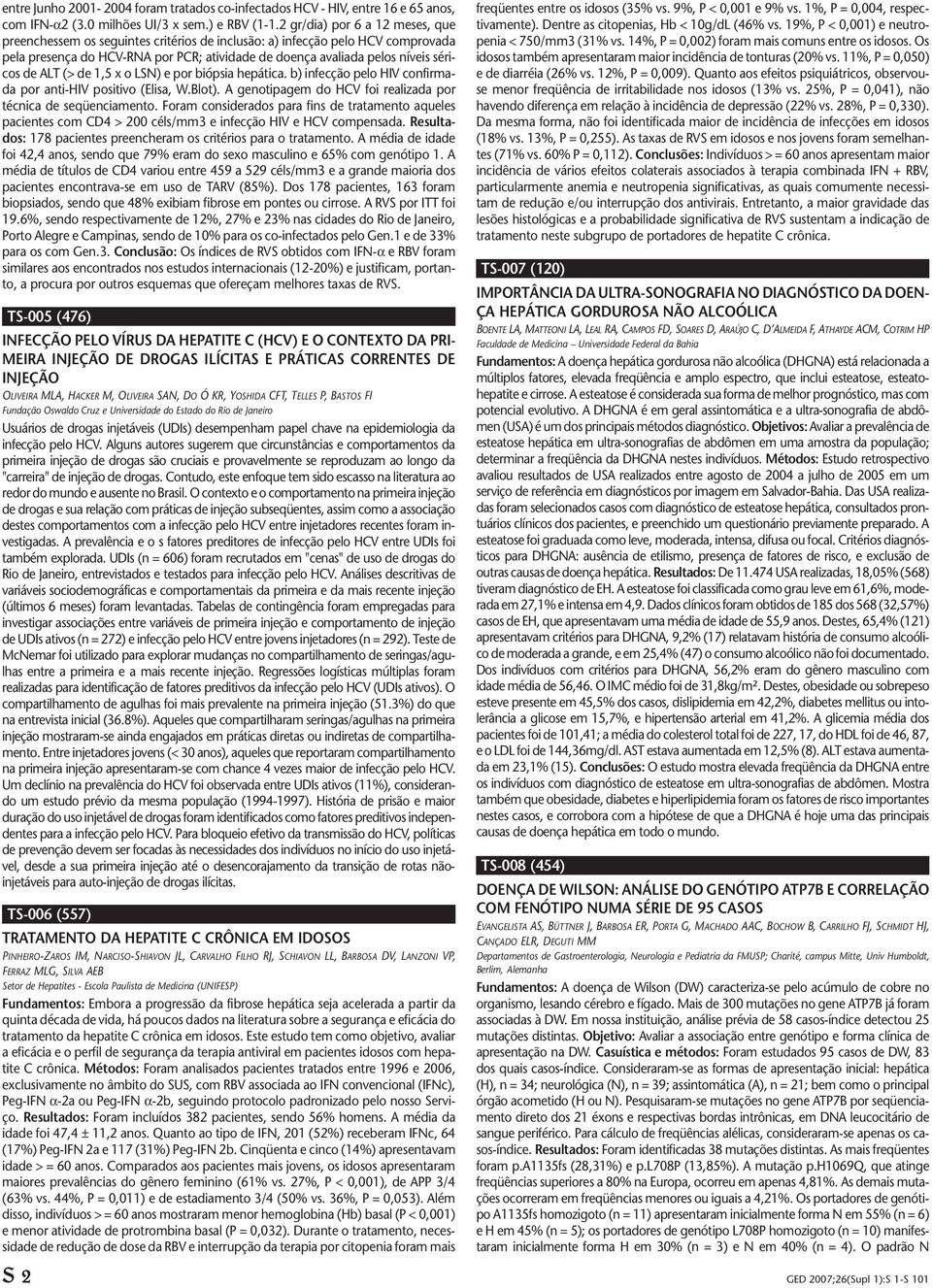 ALT (> de 1,5 x o LSN) e por biópsia hepática. b) infecção pelo HIV confirmada por anti-hiv positivo (Elisa, W.Blot). A genotipagem do HCV foi realizada por técnica de seqüenciamento.