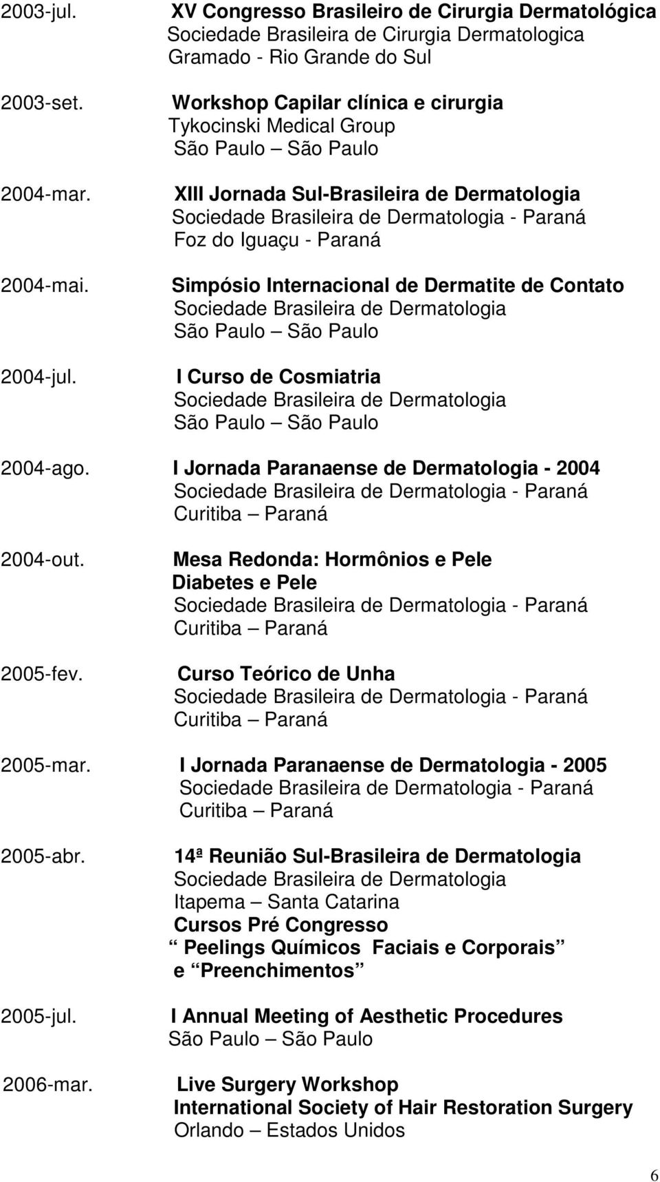 Sul-Brasileira de Dermatologia - Paraná Foz do Iguaçu - Paraná Simpósio Internacional de Dermatite de Contato I Curso de Cosmiatria 2004-ago.