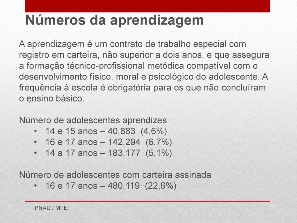 A frequência à escola é obrigatória para os que não concluíram o ensino básico. Número de adolescentes aprendizes 14 e 15 anos 40.