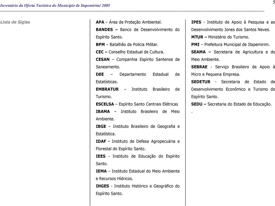 ESCELSA Espírito Santo Centrais Elétricas IBAMA Instituto Brasileiro de Meio Ambiente. IBGE Instituto Brasileiro de Geografia e Estatística.