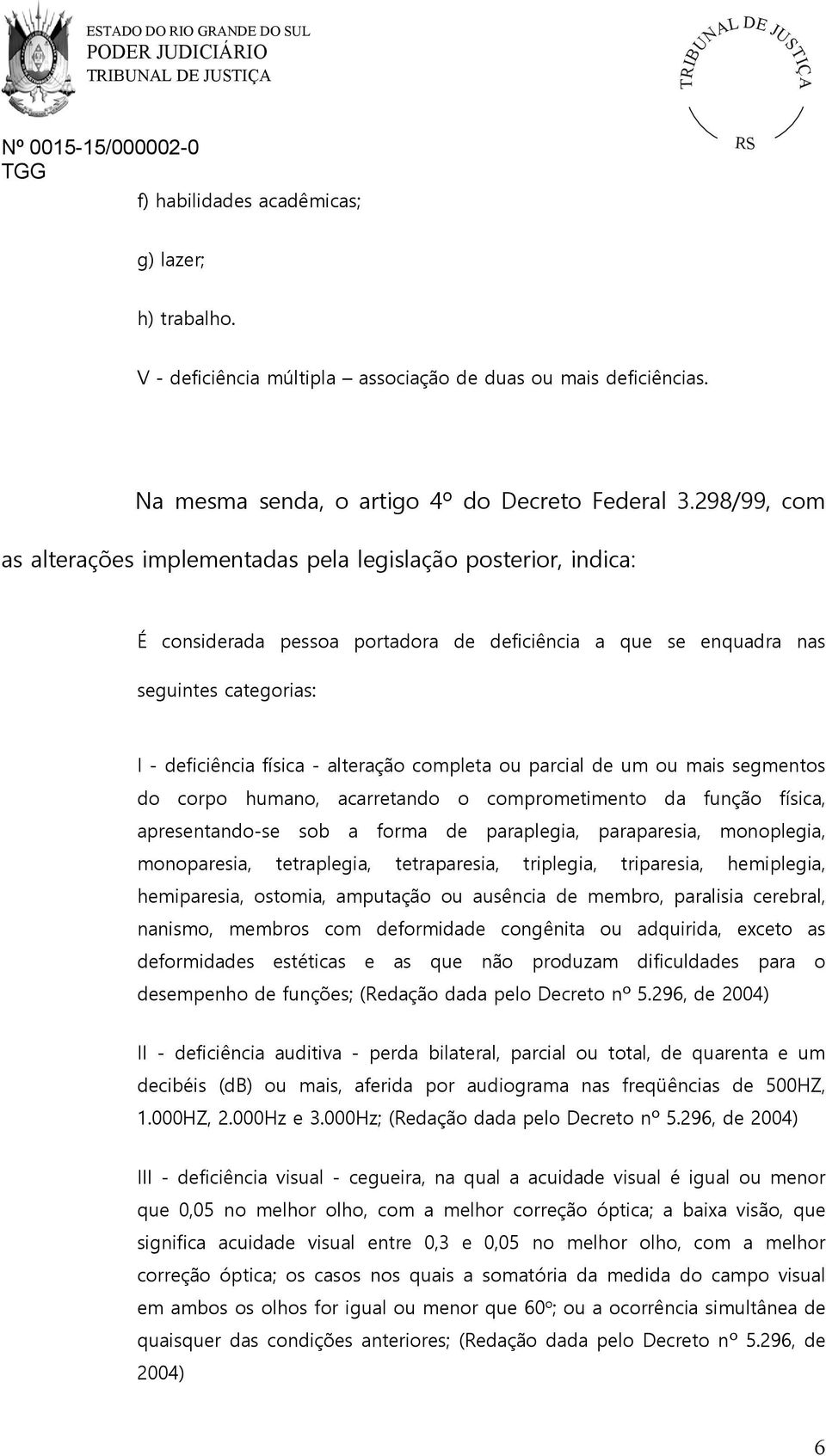 completa ou parcial de um ou mais segmentos do corpo humano, acarretando o comprometimento da função física, apresentando-se sob a forma de paraplegia, paraparesia, monoplegia, monoparesia,