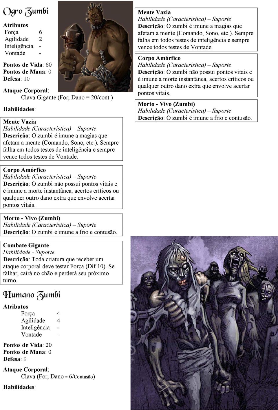 Descrição: O zumbi não possui pontos vitais e é imune a morte instantânea, acertos críticos ou qualquer outro dano extra que envolve acertar pontos vitais.