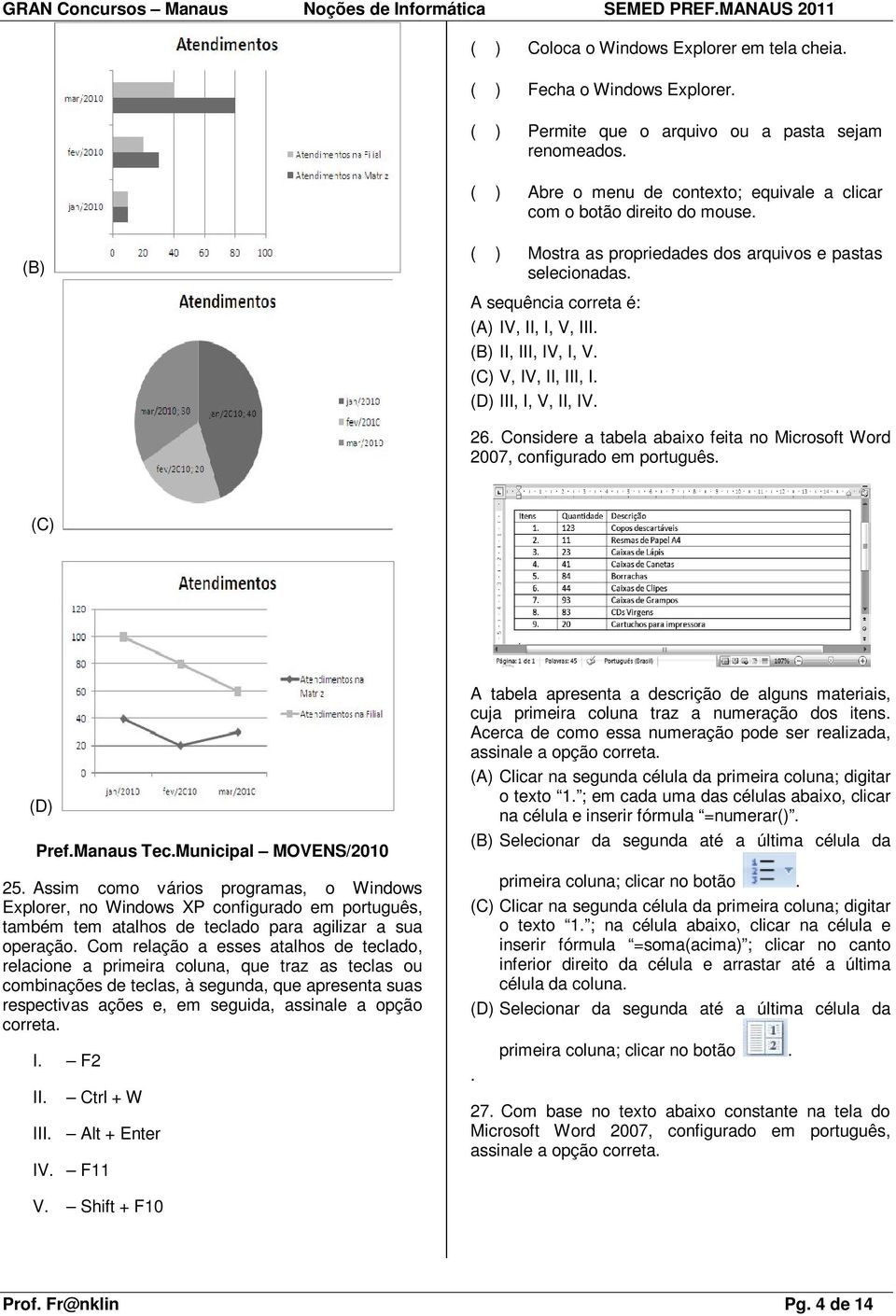 (B) II, III, IV, I, V. (C) V, IV, II, III, I. (D) III, I, V, II, IV. 26. Considere a tabela abaixo feita no Microsoft Word 2007, configurado em português. (C) (D) Pref.Manaus Tec.