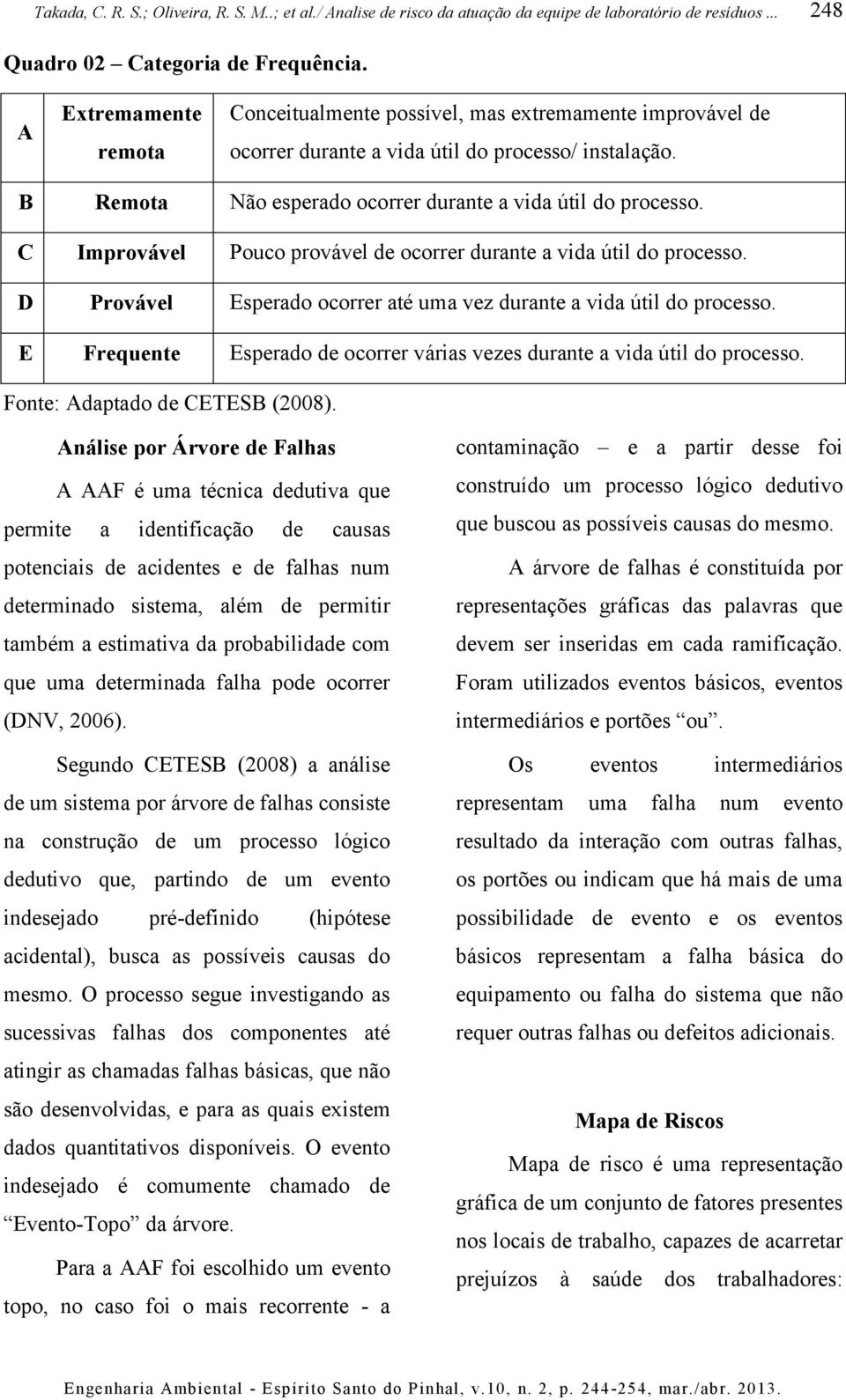 D Provável Esperado ocorrer até uma vez durante a vida útil do processo. E Frequente Esperado de ocorrer várias vezes durante a vida útil do processo. Fonte: Adaptado de CETESB (2008).